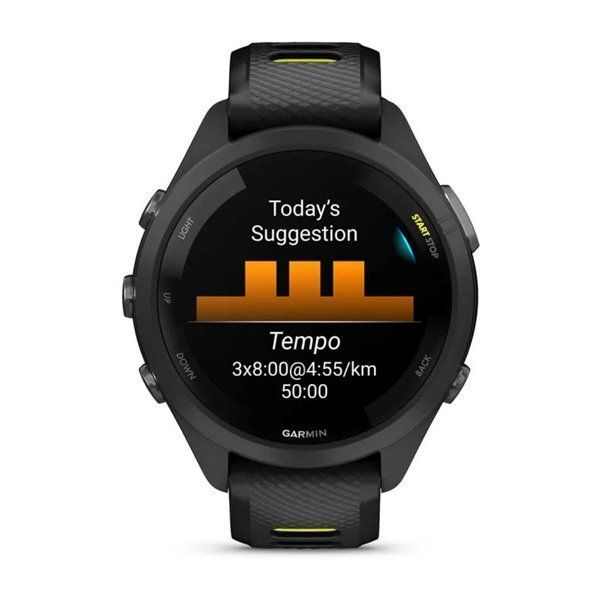 Смарт-годинник Garmin Forerunner 265s з чорним корпусом та чорно-жовтим силіконовим ремінцем