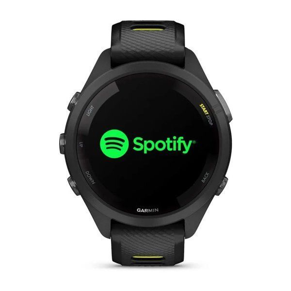Смарт-годинник Garmin Forerunner 265s з чорним корпусом та чорно-жовтим силіконовим ремінцем