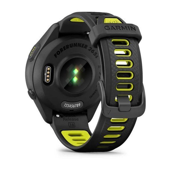 Смарт-годинник Garmin Forerunner 265s з чорним корпусом та чорно-жовтим силіконовим ремінцем