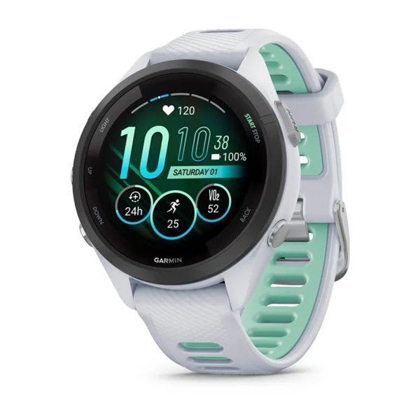 Garmin Forerunner 265s smartwatch with a black bezel, white case, and neotropical white silicone strap
