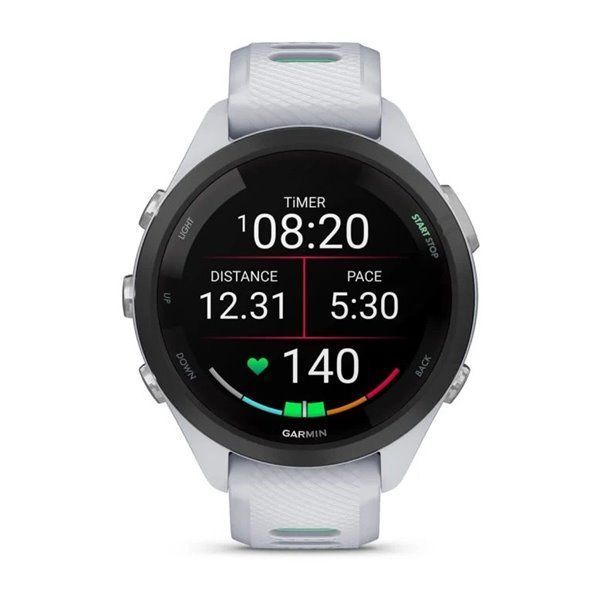 Garmin Forerunner 265s smartwatch with a black bezel, white case, and neotropical white silicone strap
