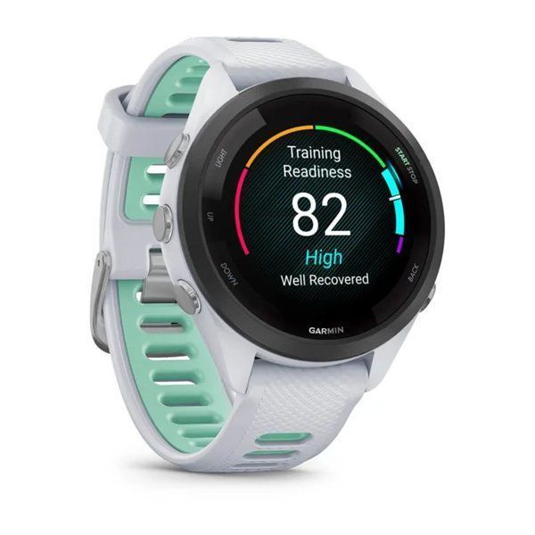 Garmin Forerunner 265s smartwatch with a black bezel, white case, and neotropical white silicone strap
