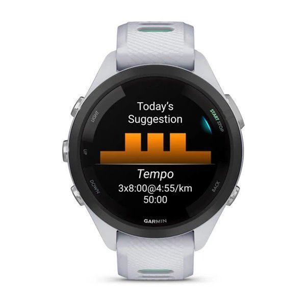 Garmin Forerunner 265s smartwatch with a black bezel, white case, and neotropical white silicone strap