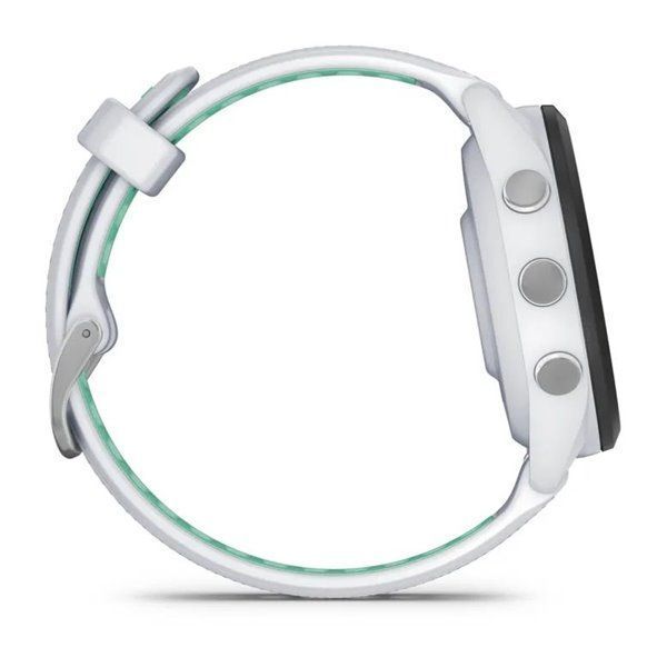 Garmin Forerunner 265s smartwatch with a black bezel, white case, and neotropical white silicone strap