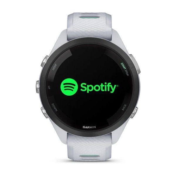 Garmin Forerunner 265s smartwatch with a black bezel, white case, and neotropical white silicone strap