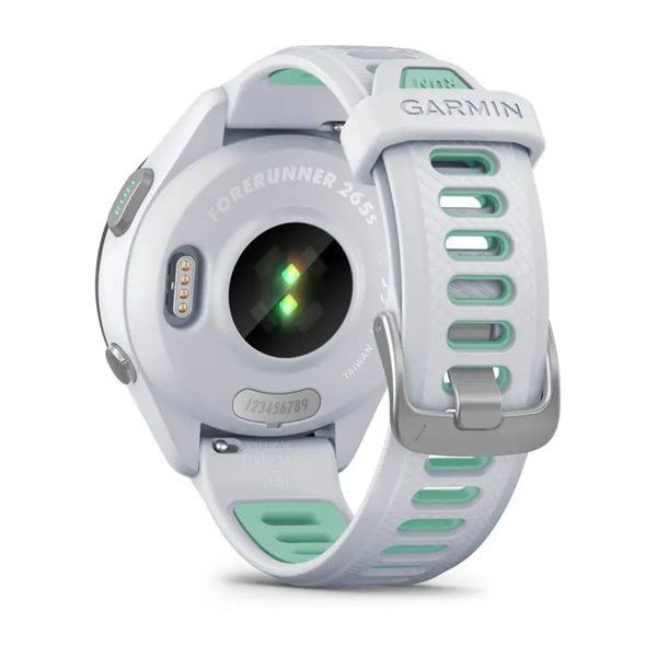 Garmin Forerunner 265s smartwatch with a black bezel, white case, and neotropical white silicone strap