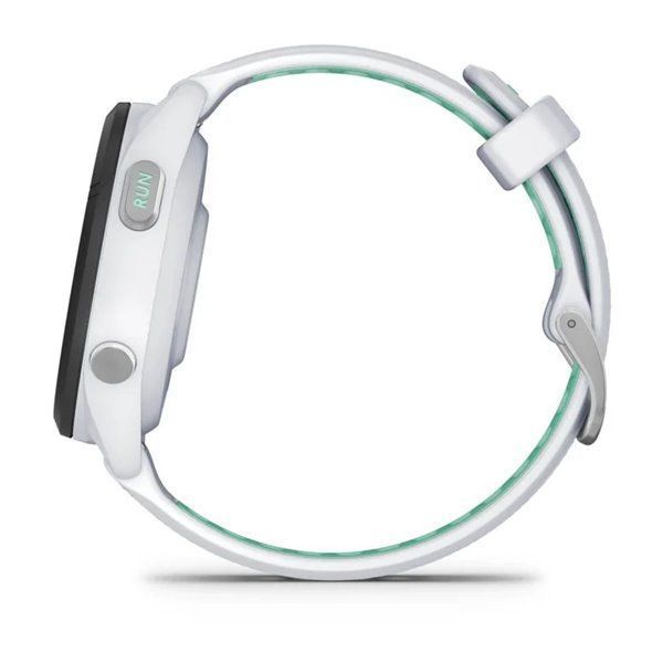 Garmin Forerunner 265s smartwatch with a black bezel, white case, and neotropical white silicone strap