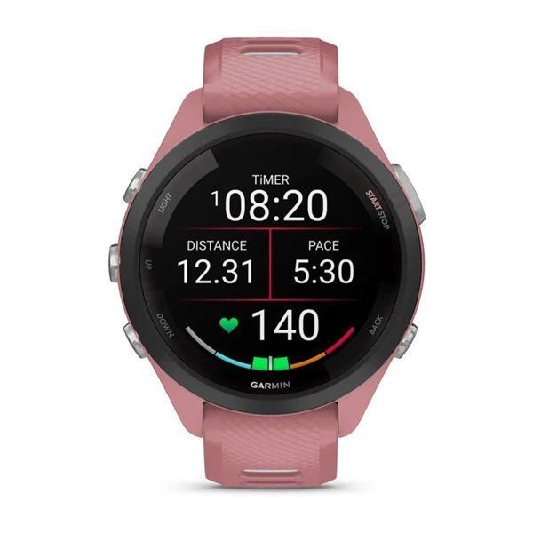 Смарт-годинник Garmin Forerunner 265s з чорним безелем, рожевим корпусом та рожево-сірим силіконовим ремінцем
