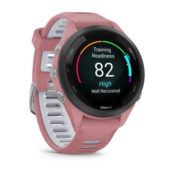 Смарт-годинник Garmin Forerunner 265s з чорним безелем, рожевим корпусом та рожево-сірим силіконовим ремінцем