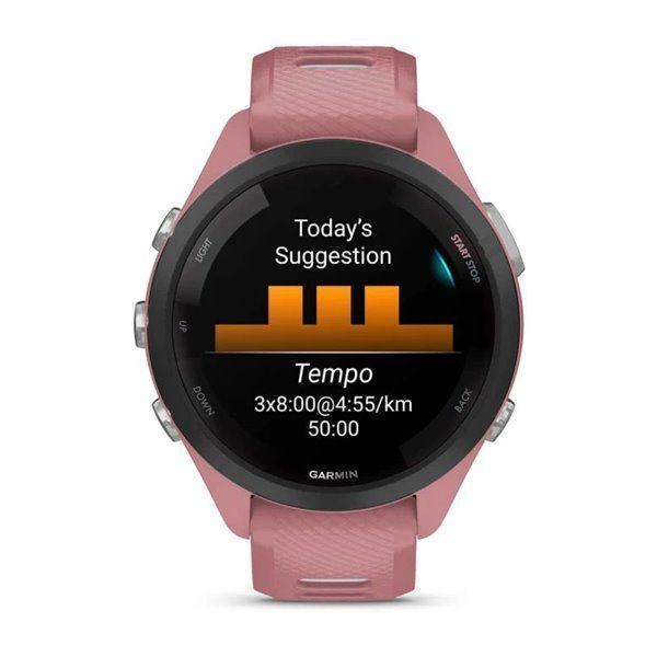 Смарт-годинник Garmin Forerunner 265s з чорним безелем, рожевим корпусом та рожево-сірим силіконовим ремінцем