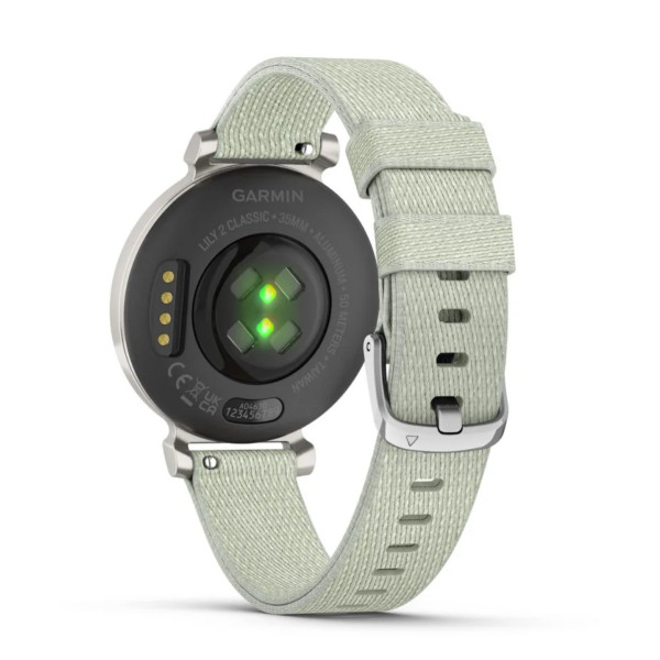 Garmin Lily 2 Classic Smartwatch in Silver with a Sage Nylon Strap