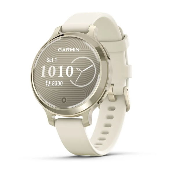 Смарт-годинник Garmin Lily 2 Active у кольорі місячне золото з силіконовим ремінцем кольору слонової кістки