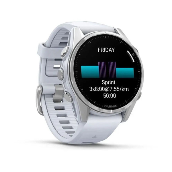 Смарт-часы Garmin Fenix 8 – 43 мм, AMOLED, серебристые с силиконовым ремешком цвета белый камень