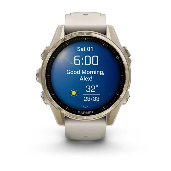 Смарт-годинник Garmin Fenix ​​8 – 43 мм, AMOLED Sapphire, золотистий з силіконовим ремінцем кольору туманний сірий/темний пісковик