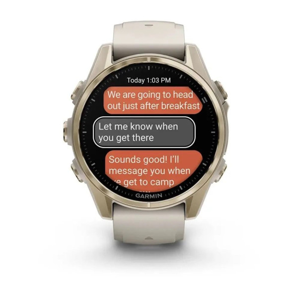 Смарт-годинник Garmin Fenix ​​8 – 43 мм, AMOLED Sapphire, золотистий з силіконовим ремінцем кольору туманний сірий/темний пісковик