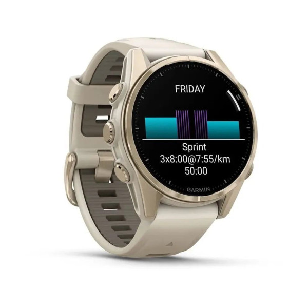 Смарт-годинник Garmin Fenix ​​8 – 43 мм, AMOLED Sapphire, золотистий з силіконовим ремінцем кольору туманний сірий/темний пісковик