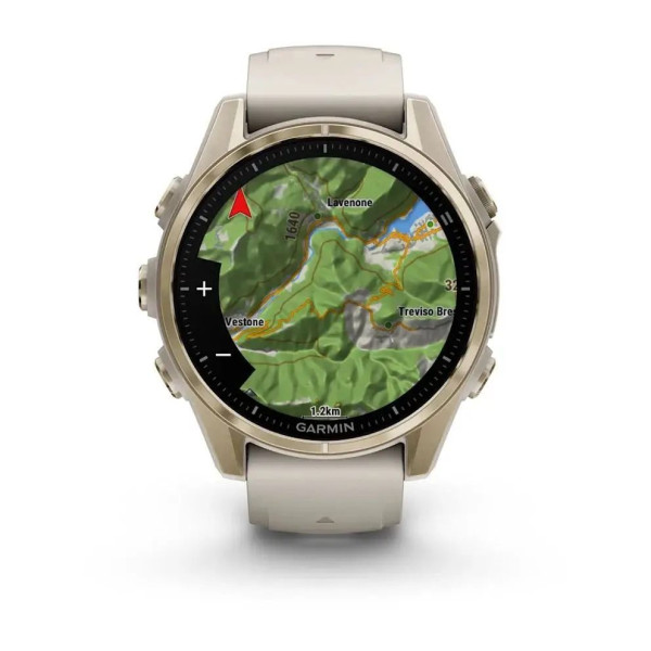Смарт-годинник Garmin Fenix ​​8 – 43 мм, AMOLED Sapphire, золотистий з силіконовим ремінцем кольору туманний сірий/темний пісковик