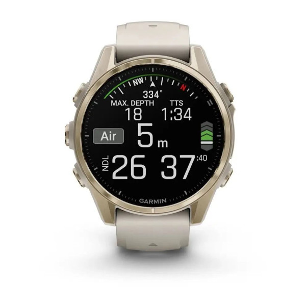 Смарт-годинник Garmin Fenix ​​8 – 43 мм, AMOLED Sapphire, золотистий з силіконовим ремінцем кольору туманний сірий/темний пісковик