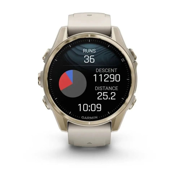 Смарт-годинник Garmin Fenix ​​8 – 43 мм, AMOLED Sapphire, золотистий з силіконовим ремінцем кольору туманний сірий/темний пісковик
