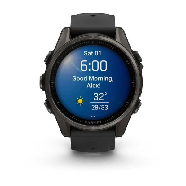 Смарт-годинник Garmin Fenix ​​8 – 43 мм, AMOLED Sapphire, титан з DLC-покриттям Carbon Gray та силіконовим ремінцем чорного/сірого кольору