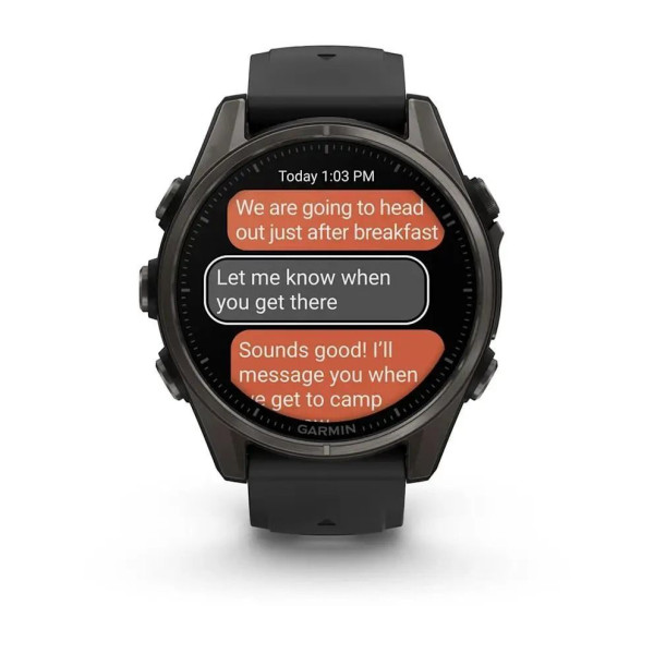 Смарт-годинник Garmin Fenix ​​8 – 43 мм, AMOLED Sapphire, титан з DLC-покриттям Carbon Gray та силіконовим ремінцем чорного/сірого кольору