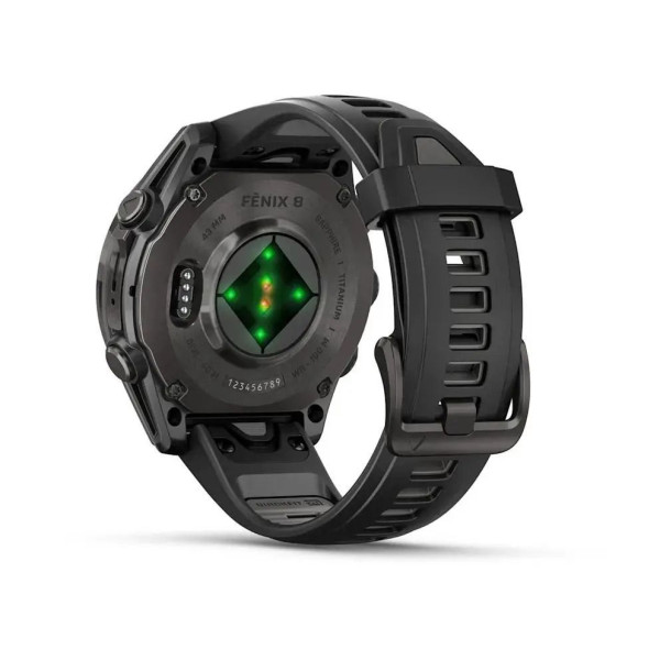 Смарт-годинник Garmin Fenix ​​8 – 43 мм, AMOLED Sapphire, титан з DLC-покриттям Carbon Gray та силіконовим ремінцем чорного/сірого кольору