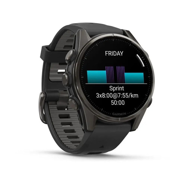 Смарт-годинник Garmin Fenix ​​8 – 43 мм, AMOLED Sapphire, титан з DLC-покриттям Carbon Gray та силіконовим ремінцем чорного/сірого кольору
