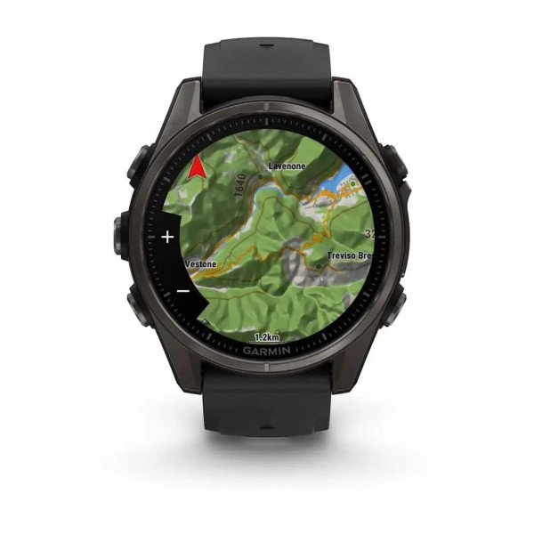 Смарт-годинник Garmin Fenix ​​8 – 43 мм, AMOLED Sapphire, титан з DLC-покриттям Carbon Gray та силіконовим ремінцем чорного/сірого кольору