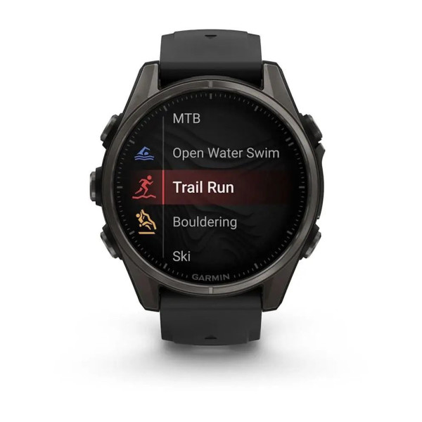 Смарт-годинник Garmin Fenix ​​8 – 43 мм, AMOLED Sapphire, титан з DLC-покриттям Carbon Gray та силіконовим ремінцем чорного/сірого кольору