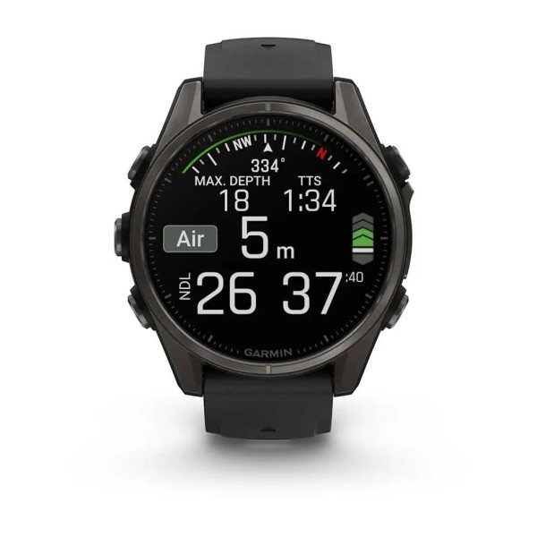 Смарт-годинник Garmin Fenix ​​8 – 43 мм, AMOLED Sapphire, титан з DLC-покриттям Carbon Gray та силіконовим ремінцем чорного/сірого кольору