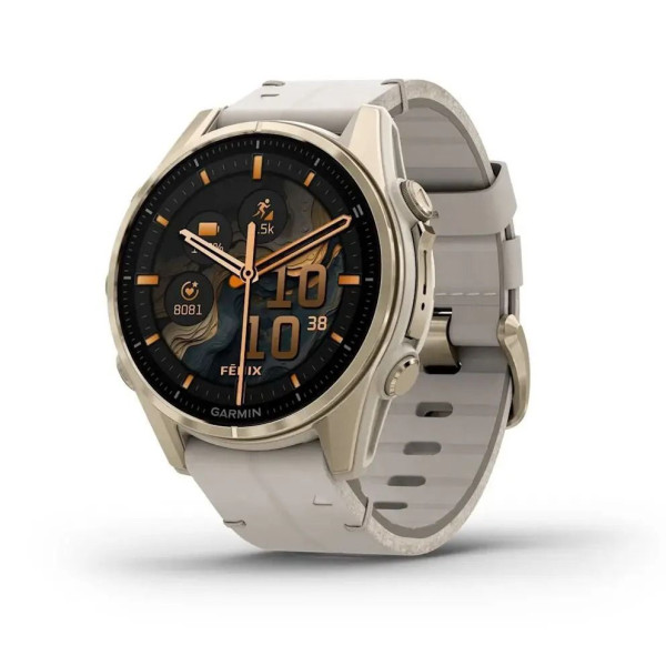 Смарт-часы Garmin Fenix 8 – 43 мм, AMOLED Sapphire, золотистые с кожаным ремешком цвета серый известняк
