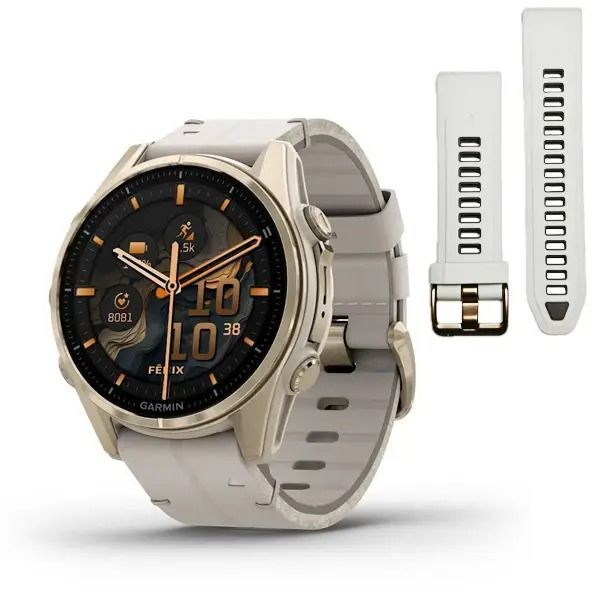 Смарт-часы Garmin Fenix 8 – 43 мм, AMOLED Sapphire, золотистые с кожаным ремешком цвета серый известняк