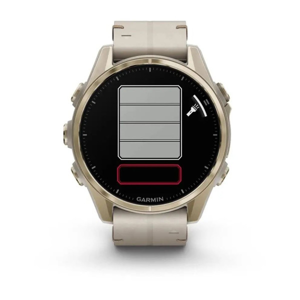 Смарт-часы Garmin Fenix 8 – 43 мм, AMOLED Sapphire, золотистые с кожаным ремешком цвета серый известняк