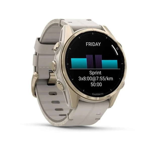 Смарт-часы Garmin Fenix 8 – 43 мм, AMOLED Sapphire, золотистые с кожаным ремешком цвета серый известняк