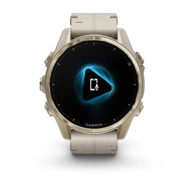Смарт-часы Garmin Fenix 8 – 43 мм, AMOLED Sapphire, золотистые с кожаным ремешком цвета серый известняк