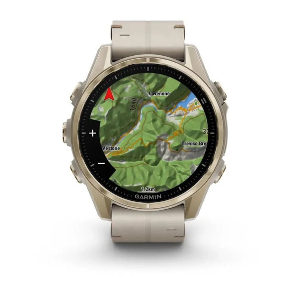 Смарт-часы Garmin Fenix 8 – 43 мм, AMOLED Sapphire, золотистые с кожаным ремешком цвета серый известняк