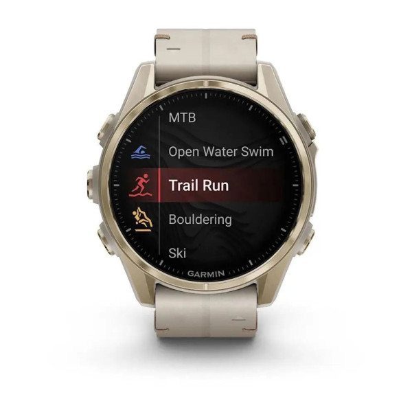 Смарт-часы Garmin Fenix 8 – 43 мм, AMOLED Sapphire, золотистые с кожаным ремешком цвета серый известняк