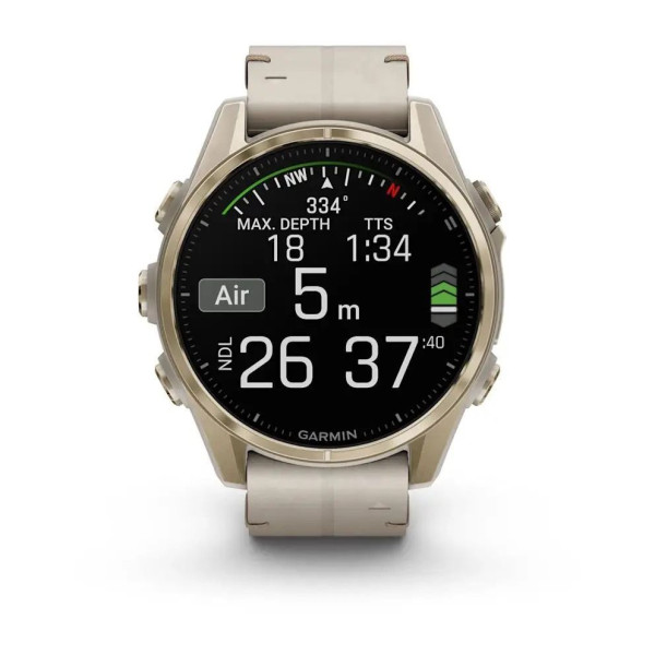 Смарт-часы Garmin Fenix 8 – 43 мм, AMOLED Sapphire, золотистые с кожаным ремешком цвета серый известняк