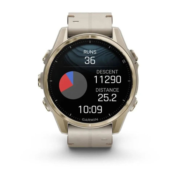 Смарт-часы Garmin Fenix 8 – 43 мм, AMOLED Sapphire, золотистые с кожаным ремешком цвета серый известняк