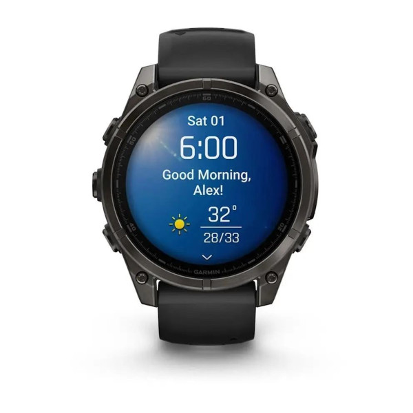 Смарт-годинник Garmin Fenix ​​8 – 47 мм, AMOLED Sapphire, титан з DLC-покриттям Carbon Gray та силіконовим ремінцем чорного/сірого кольору