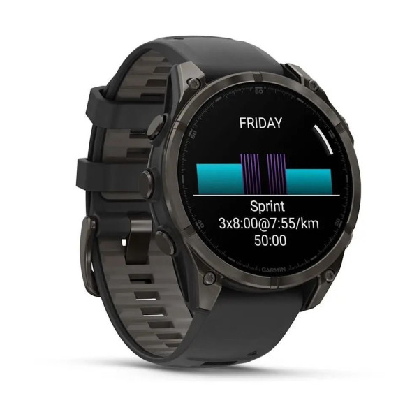Смарт-годинник Garmin Fenix ​​8 – 47 мм, AMOLED Sapphire, титан з DLC-покриттям Carbon Gray та силіконовим ремінцем чорного/сірого кольору