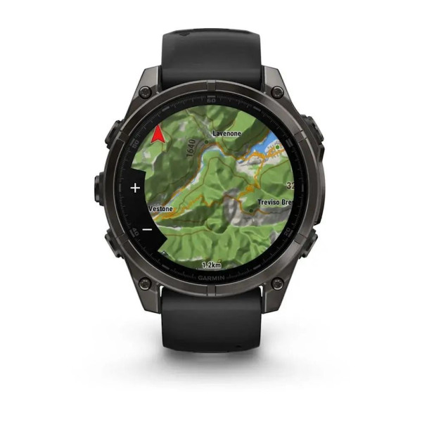 Смарт-годинник Garmin Fenix ​​8 – 47 мм, AMOLED Sapphire, титан з DLC-покриттям Carbon Gray та силіконовим ремінцем чорного/сірого кольору