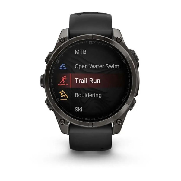Смарт-годинник Garmin Fenix ​​8 – 47 мм, AMOLED Sapphire, титан з DLC-покриттям Carbon Gray та силіконовим ремінцем чорного/сірого кольору
