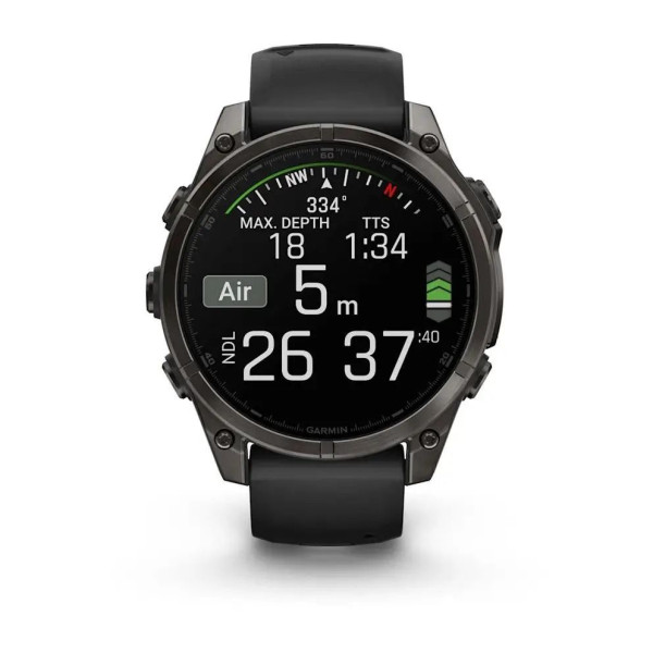 Смарт-годинник Garmin Fenix ​​8 – 47 мм, AMOLED Sapphire, титан з DLC-покриттям Carbon Gray та силіконовим ремінцем чорного/сірого кольору