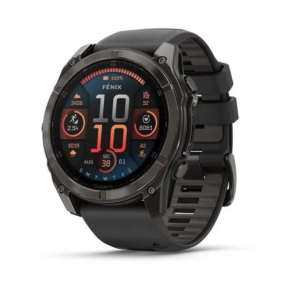 Смарт-часы Garmin Fenix 8 – 51 мм, AMOLED Sapphire, титан с DLC-покрытием Carbon Gray и силиконовым ремешком черного/серого цвета