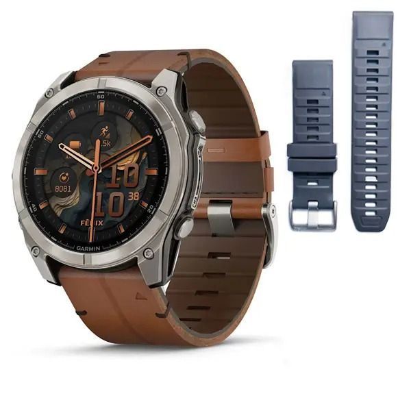 Смарт-часы Garmin Fenix 8 – 51 мм, AMOLED Sapphire, титан с DLC-покрытием Carbon Gray и каштановым кожаным ремешком