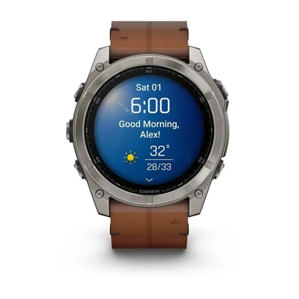 Смарт-часы Garmin Fenix 8 – 51 мм, AMOLED Sapphire, титан с DLC-покрытием Carbon Gray и каштановым кожаным ремешком