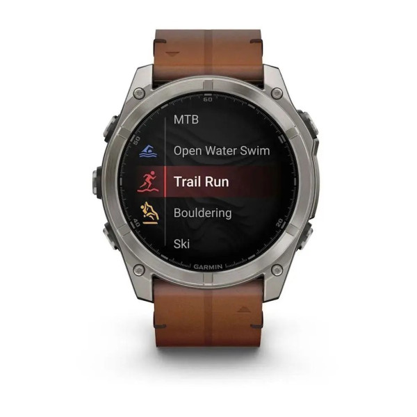 Смарт-часы Garmin Fenix 8 – 51 мм, AMOLED Sapphire, титан с DLC-покрытием Carbon Gray и каштановым кожаным ремешком
