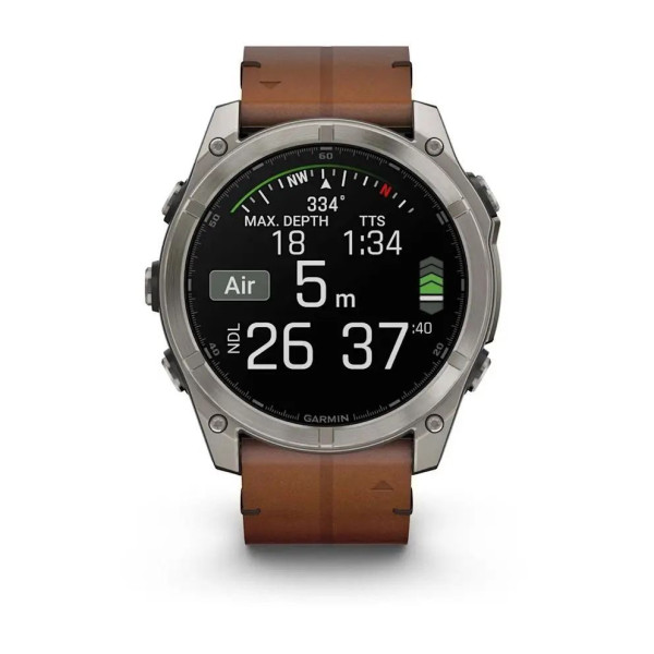 Смарт-часы Garmin Fenix 8 – 51 мм, AMOLED Sapphire, титан с DLC-покрытием Carbon Gray и каштановым кожаным ремешком