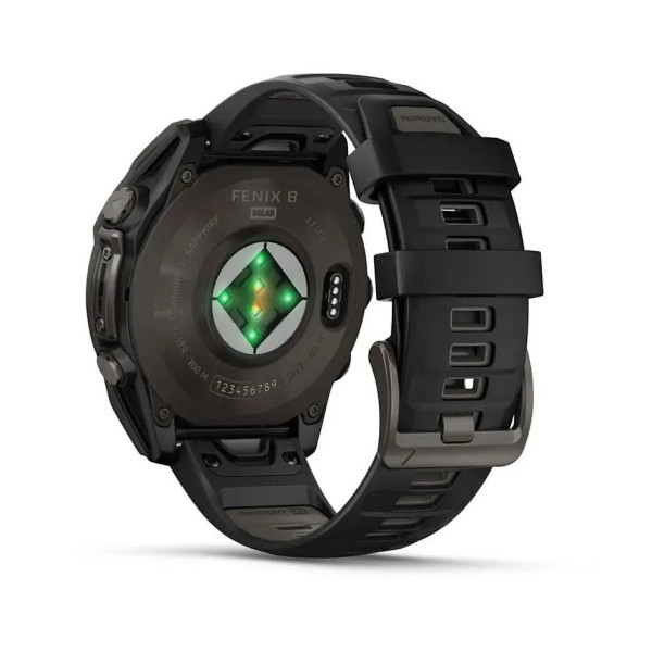 Смарт-годинник Garmin Fenix ​​8 – 47 мм, Solar Sapphire, титан з DLC-покриттям Carbon Gray та силіконовим ремінцем чорного/сірого кольору